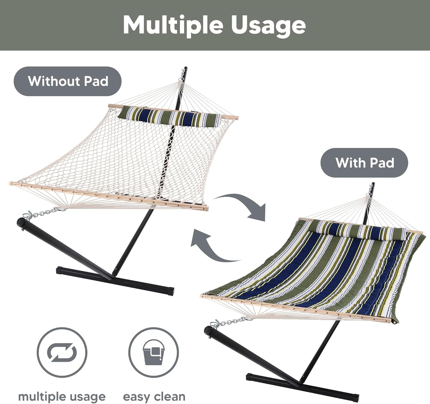 SUNCREAT Hammocks Double Outdoor Hammock with Stand, Cotton Rope Two Person Hammock with Polyester Pad & Large Pillow, Blue& Gray