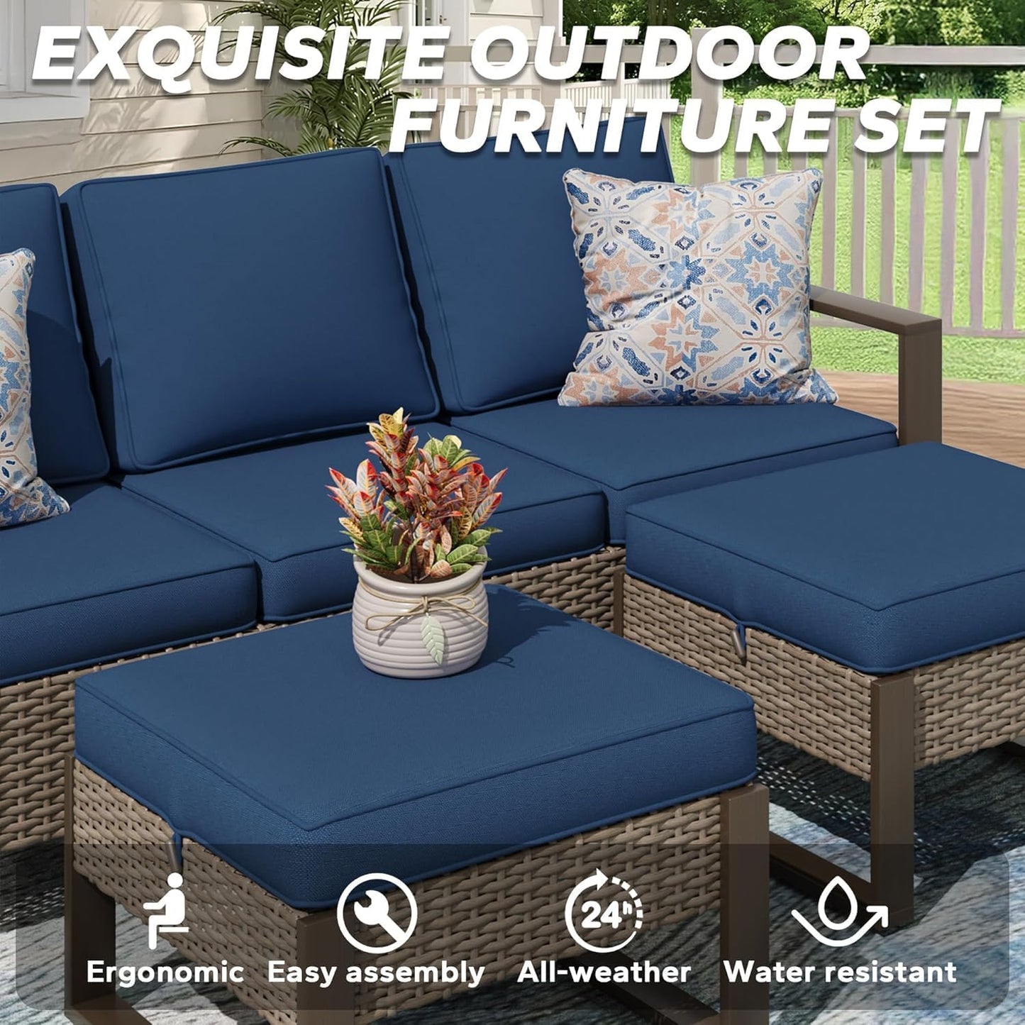 75" Patio Metal Wicker Sofa, All Weather Outdoor Rattan 3-Seat Sofa Couch with Premium Cushions & Rectangular Framed Wood-Looking Metal Armrest for Garden Backyard Porch Deck, Dark Blue