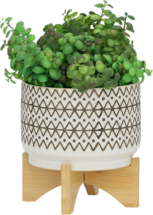 Sagebrook Home Ceramic Planter with Stand - Decorative Stoneware Pot with Wood Base - Modern Boho Indoor/Outdoor Plant Holder for Home & Garden - 8" Ivory & Tan