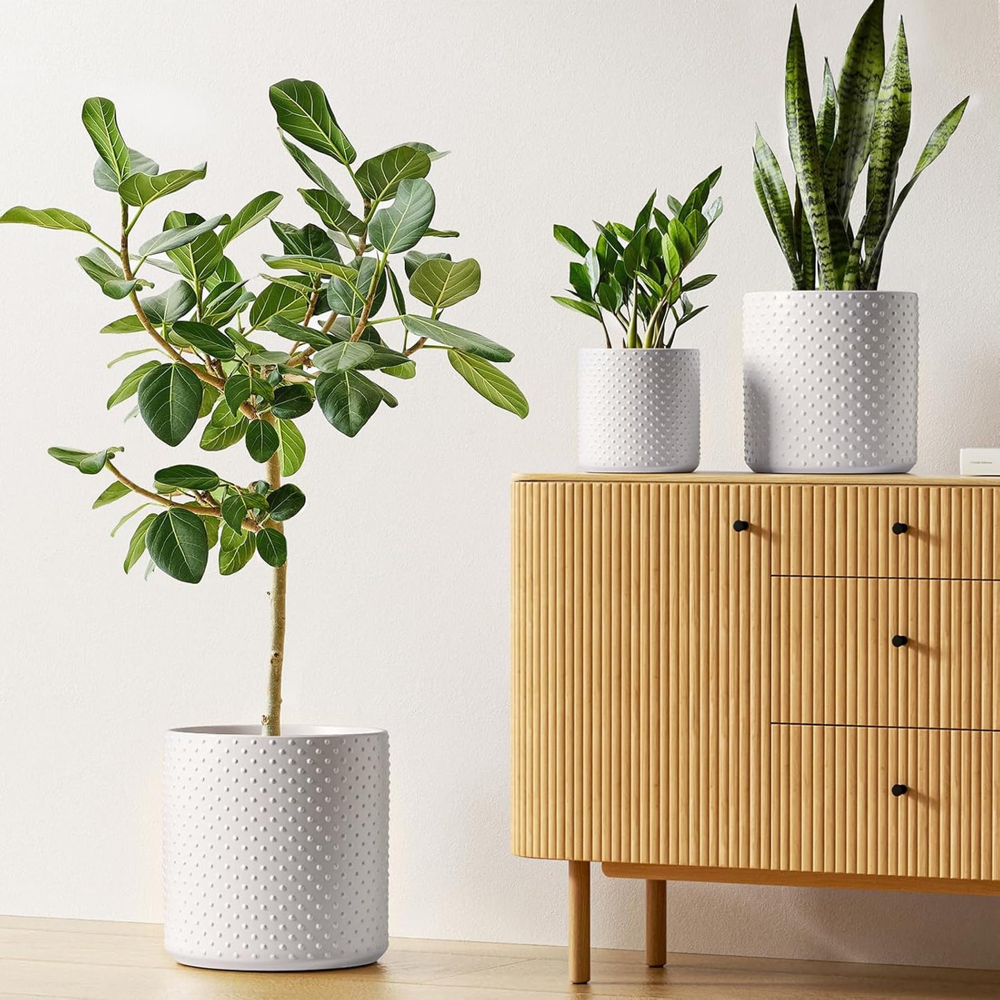 LE TAUCI Ceramic Plant Pots Indoor, 10+8+6 Inch Planters for Indoor Plants, Raised Dots Flower Pots with Drainage Hole and Plug, Cylinder Round Planters, Set of 3, White