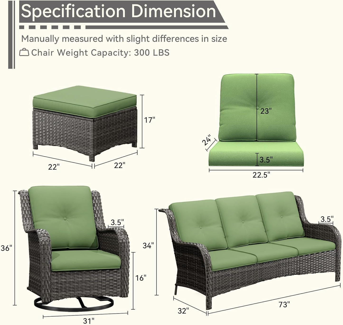 5 Pieces Outdoor Patio Furniture Set - Conversation Set Includes Wicker Swivel Rocker Chairs Set of 2, 2 Ottoman, 3 Seat Sofa, Suitable for Porch, Yard, Mixed Brown Rattan, Green
