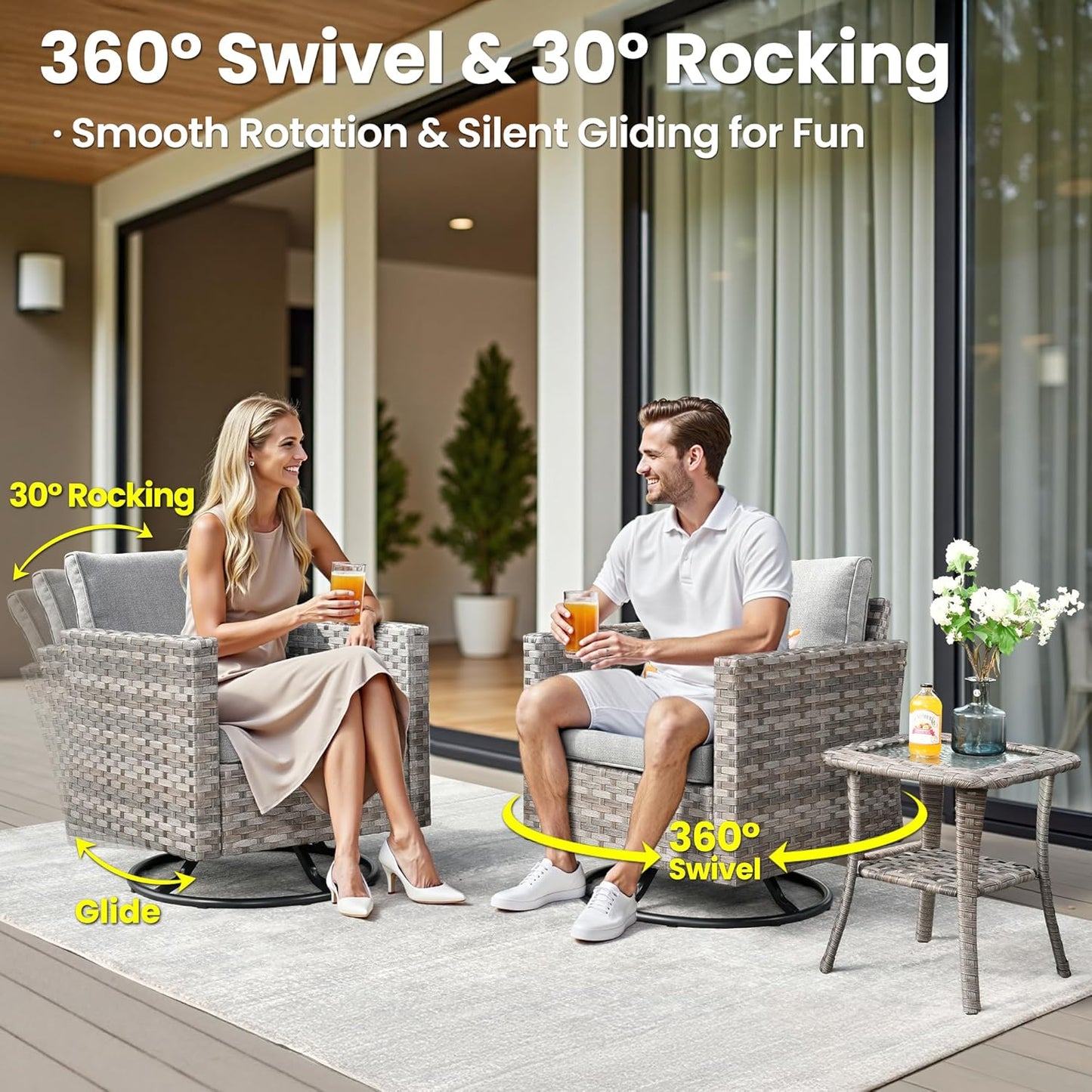 ovios 10 Pieces Patio Furniture Set, Outdoor Wicker Sectional Sofa with 30" Fire Pit Table Swivel Chairs, Modern Modular Deep Seat Rattan Couch Conversation Sets, Dark Grey