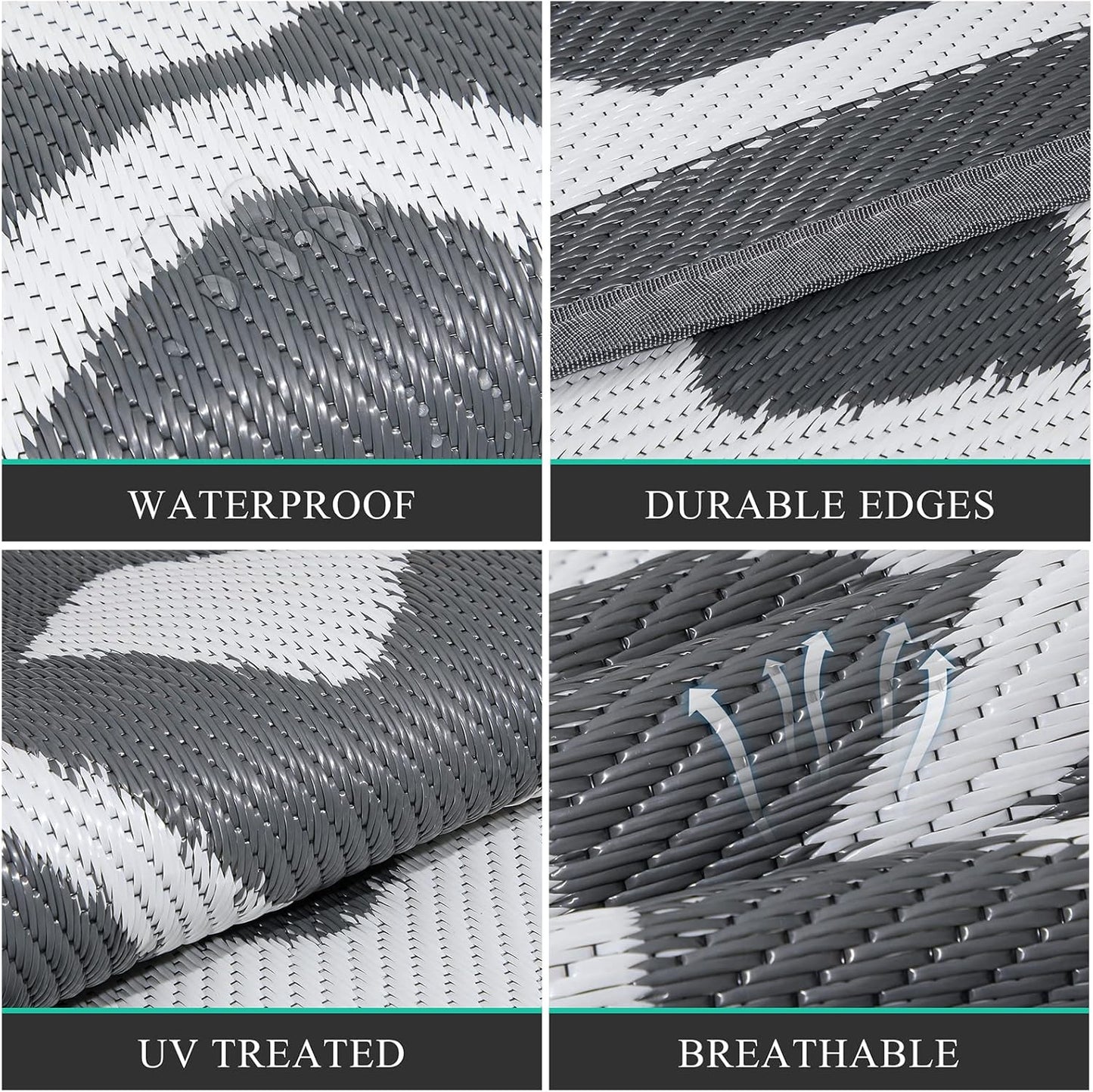Pauwer Waterproof Outdoor Rug 6x9, Reversible Plastic Straw Patio Camping Rug, Indoor Outdoor RV Mat Carpet for Deck, Camper, Porch, Balcony, Backyard, Picnic, Geometric Grey