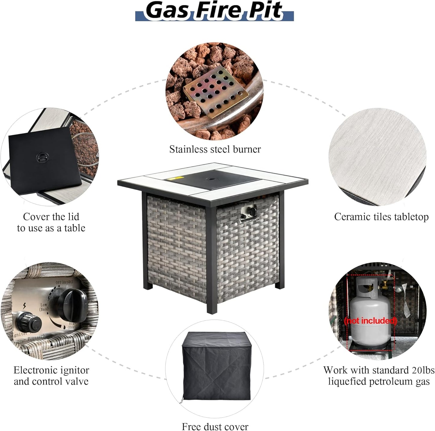 HOOOWOOO Modular Patio Outdoor Sectional Furniture Set with Gas Propane Fire Pit Table,7 Piece Wicker Conversation Sofa Set,Out Door Couch Set with Wide Arm Outside(Denim Blue)