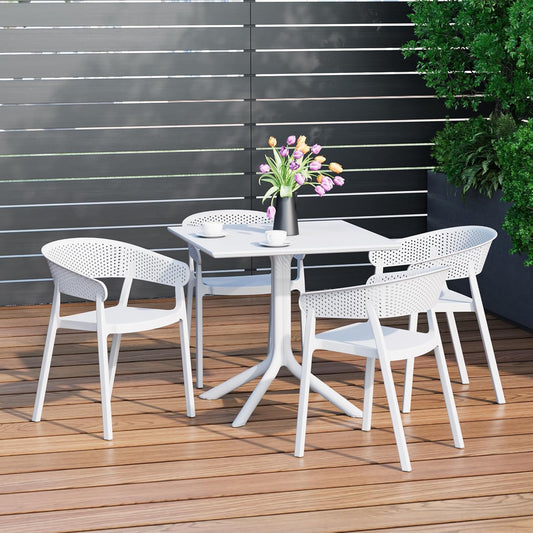 Table Chairs Set of 4, HDPE Patio Square Dining Table and Stackable Chairs, Outdoor Small Patio Furniture Set All Weather for Backyard Porch Poolside, White