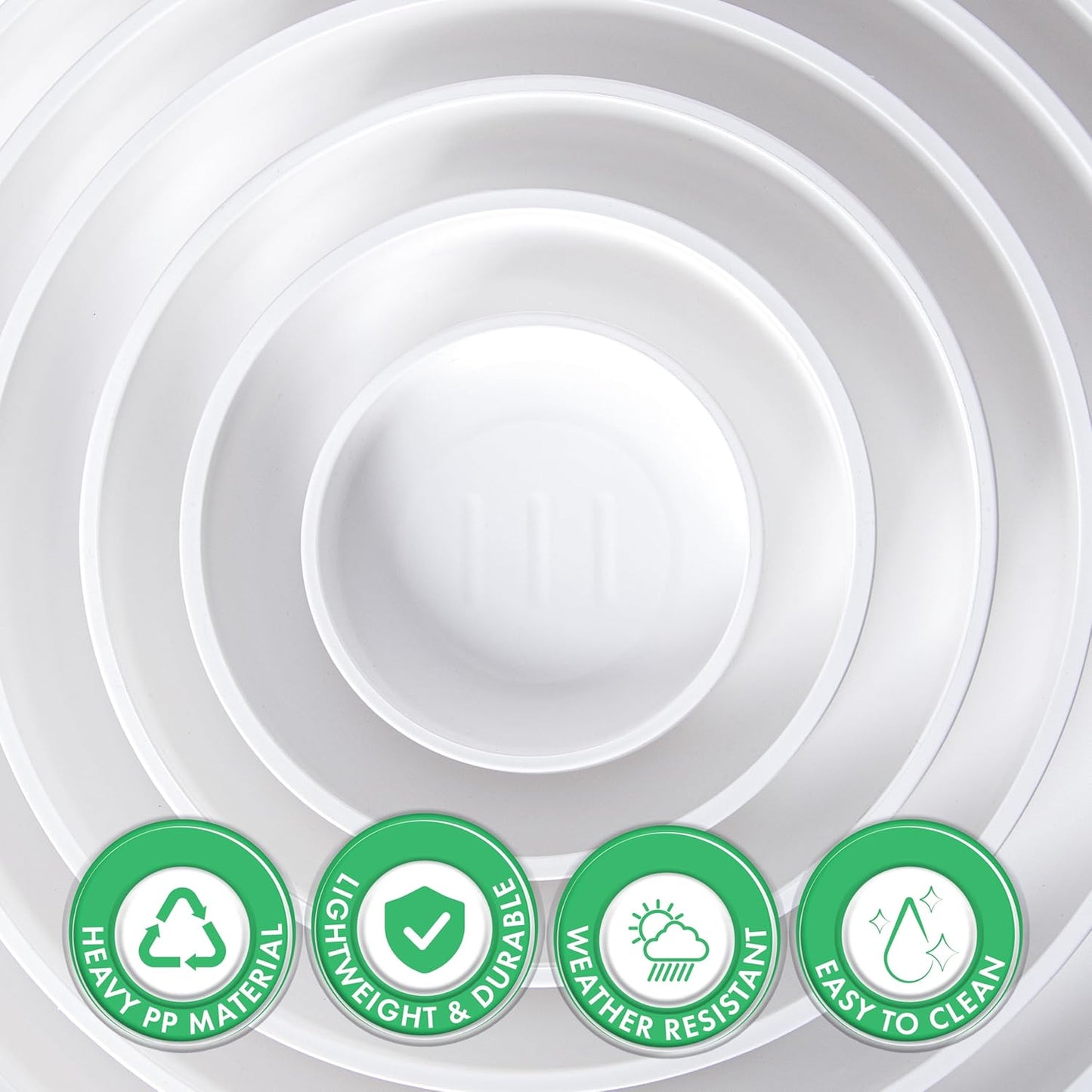 Phoenix Vine 14 Inch Plastic Plant Saucer Water Drip Tray, Heavy Sturdy Round Plant Drainage Tray for Indoors Outdoor, Set of 2, Matte White, 21-TY-14W-2