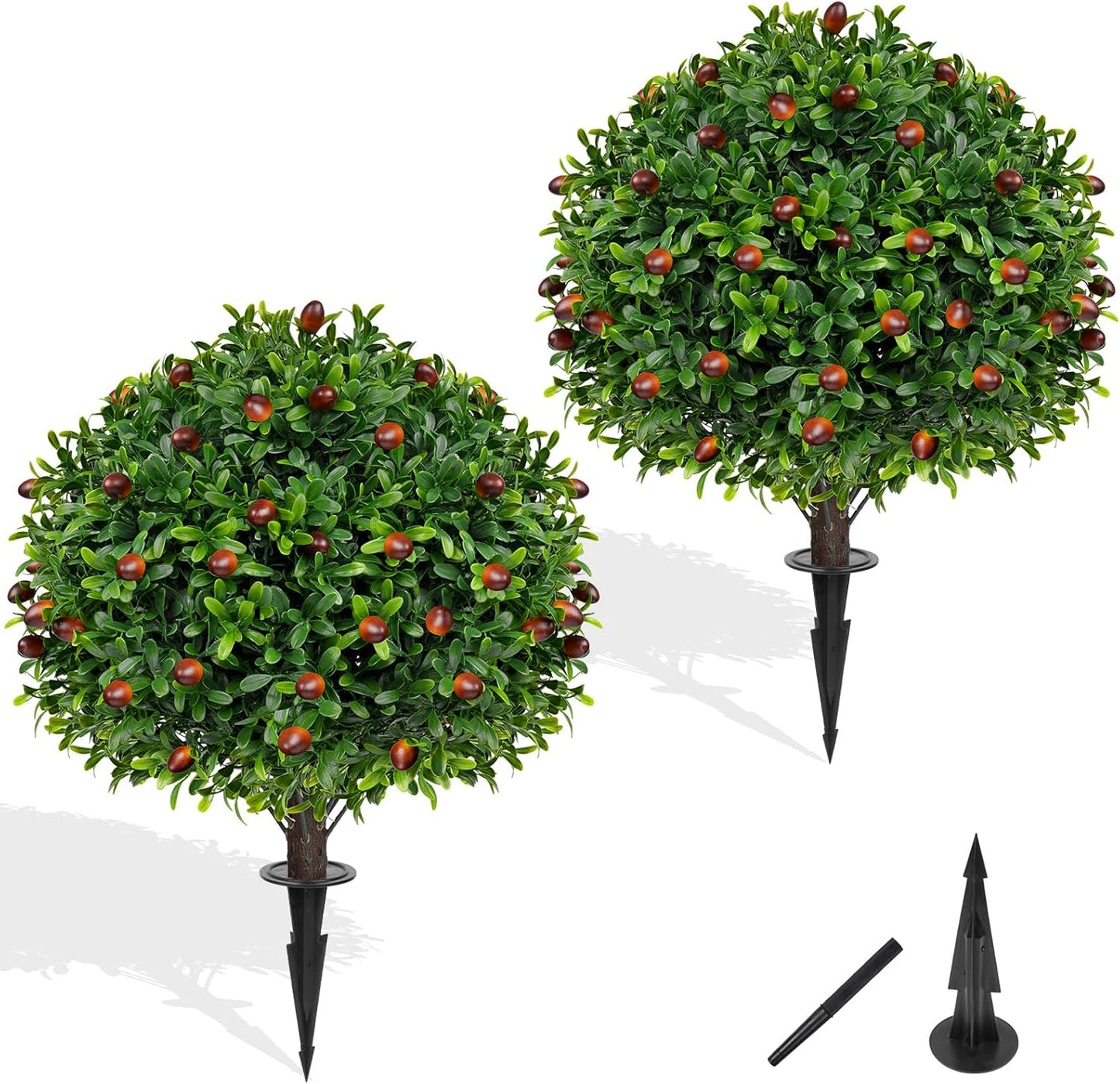 Artificial Olive Topiary Ball Trees with Ground Spike, Set of 2 UV Resistant Artificial Shrubs, Fake Evergreen Artificial Plant Bushes for Indoor Outdoor Front Porch Garden