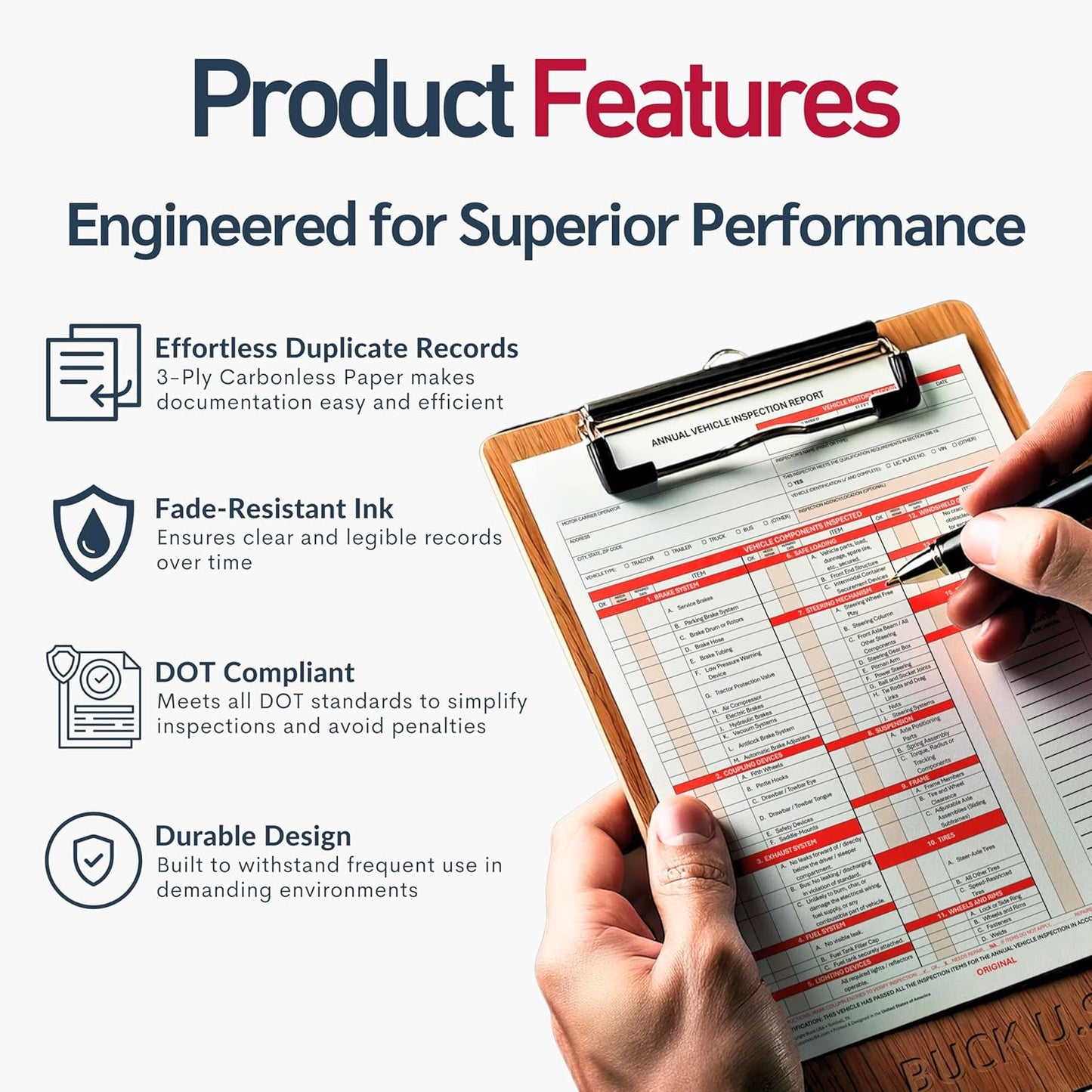 10 Pack 3-Ply Carbonless Annual Vehicle Inspection Report Forms with FMCSA Red Aluminum Adhesive Labels, DOT Inspection Forms and Stickers, Shrink-Wrapped, 8.5" x 11.75" - Made in USA