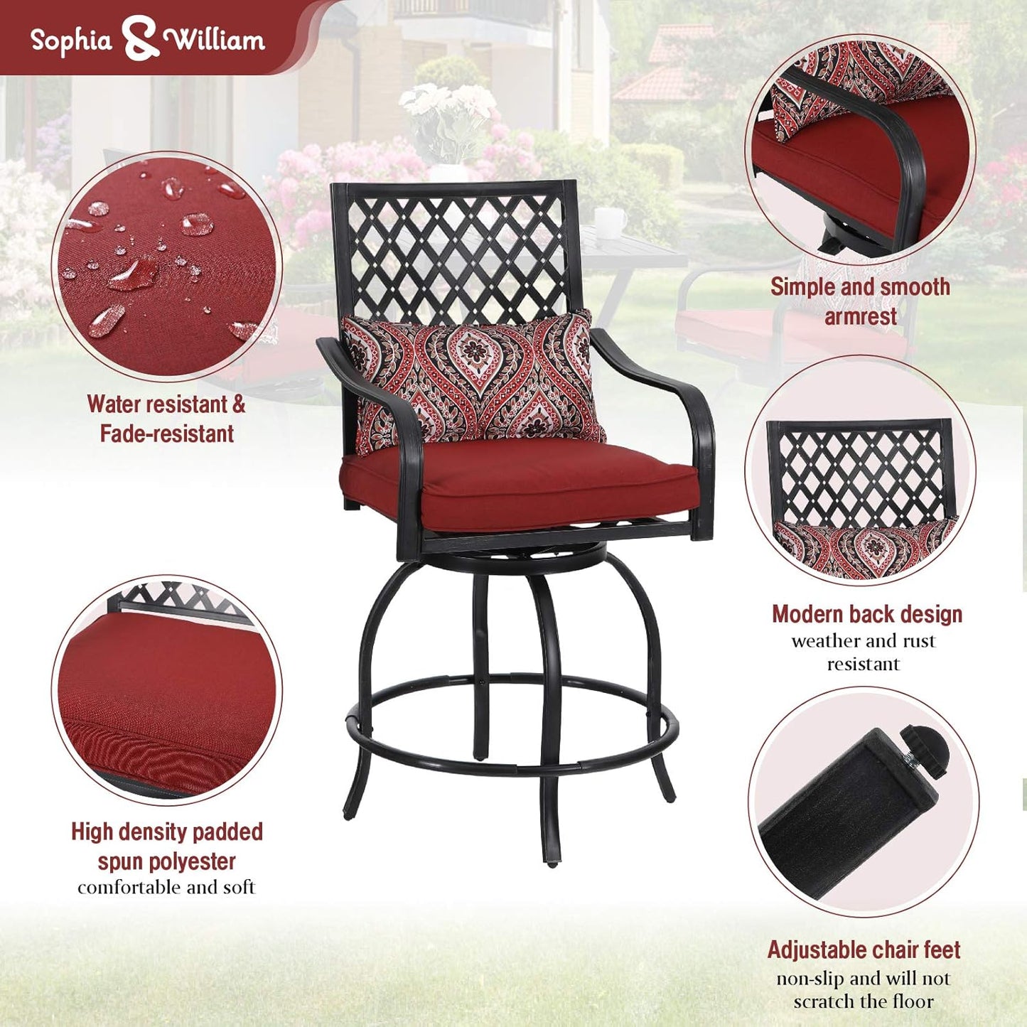 Sophia & William Patio Bar Set, 3 Pieces Outdoor Bistro Set with 2 Swivel Bar Stools Bar Height Patio Chairs and 1 Square Patio Bar Table with Umbrella Hole