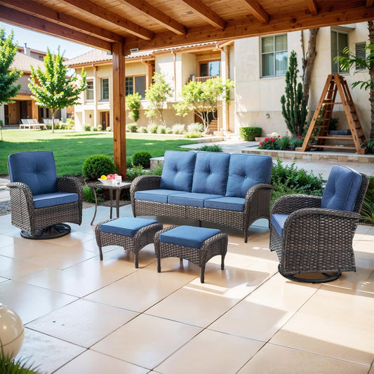 6 Piece Patio Conversation Sets - Wicker Patio Furniture Sets with Outdoor Swivel Rocker Chairs Outdoor Couch Perfect for Patio Deck Backyard, Brown Wicker Blue Cushion
