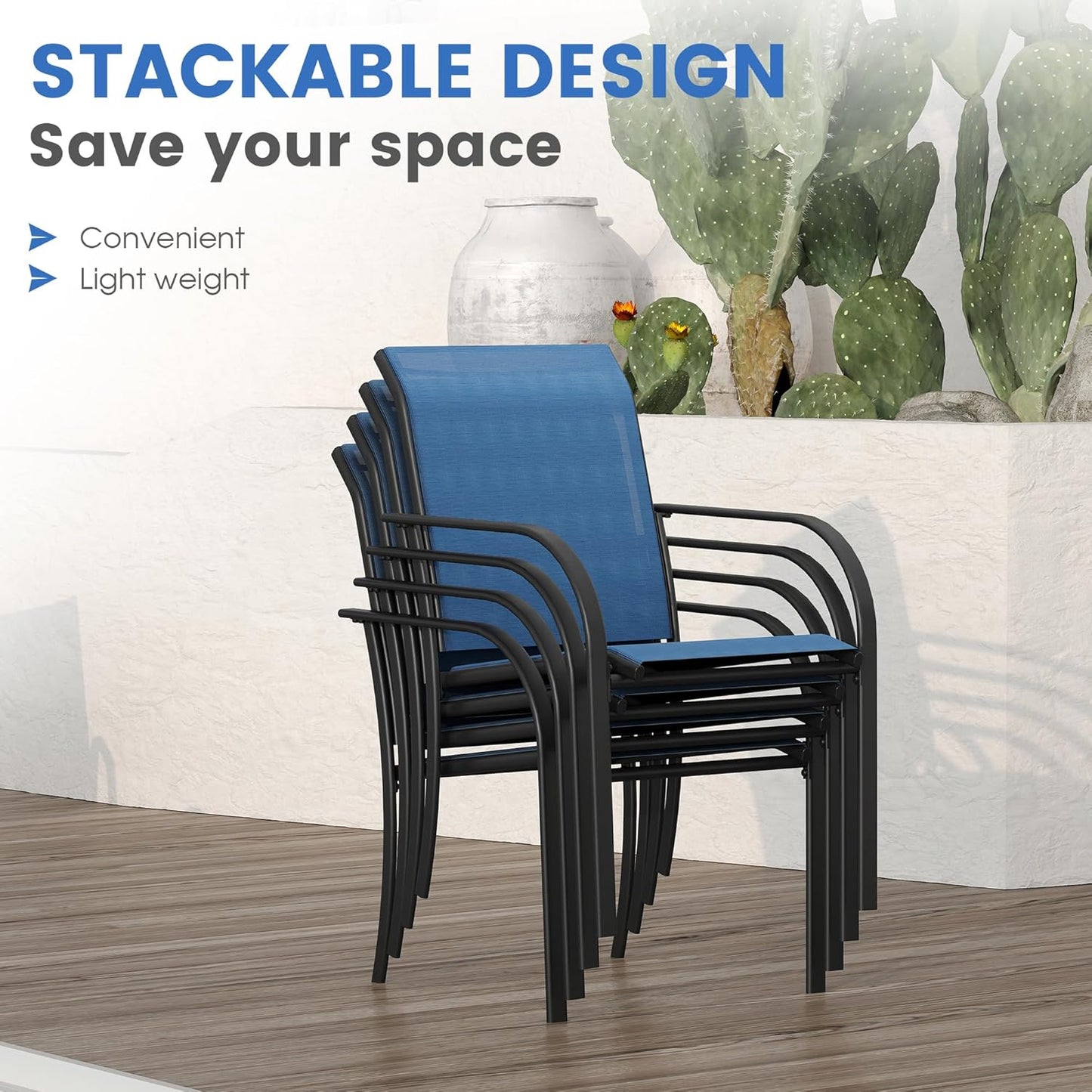 VICLLAX 5 Pieces Patio Dining Set, Outdoor Furniture Set Includes 41.2" Round Patio Table and 4 Patio Sling Chairs, Black Tabletop and Blue Fabric