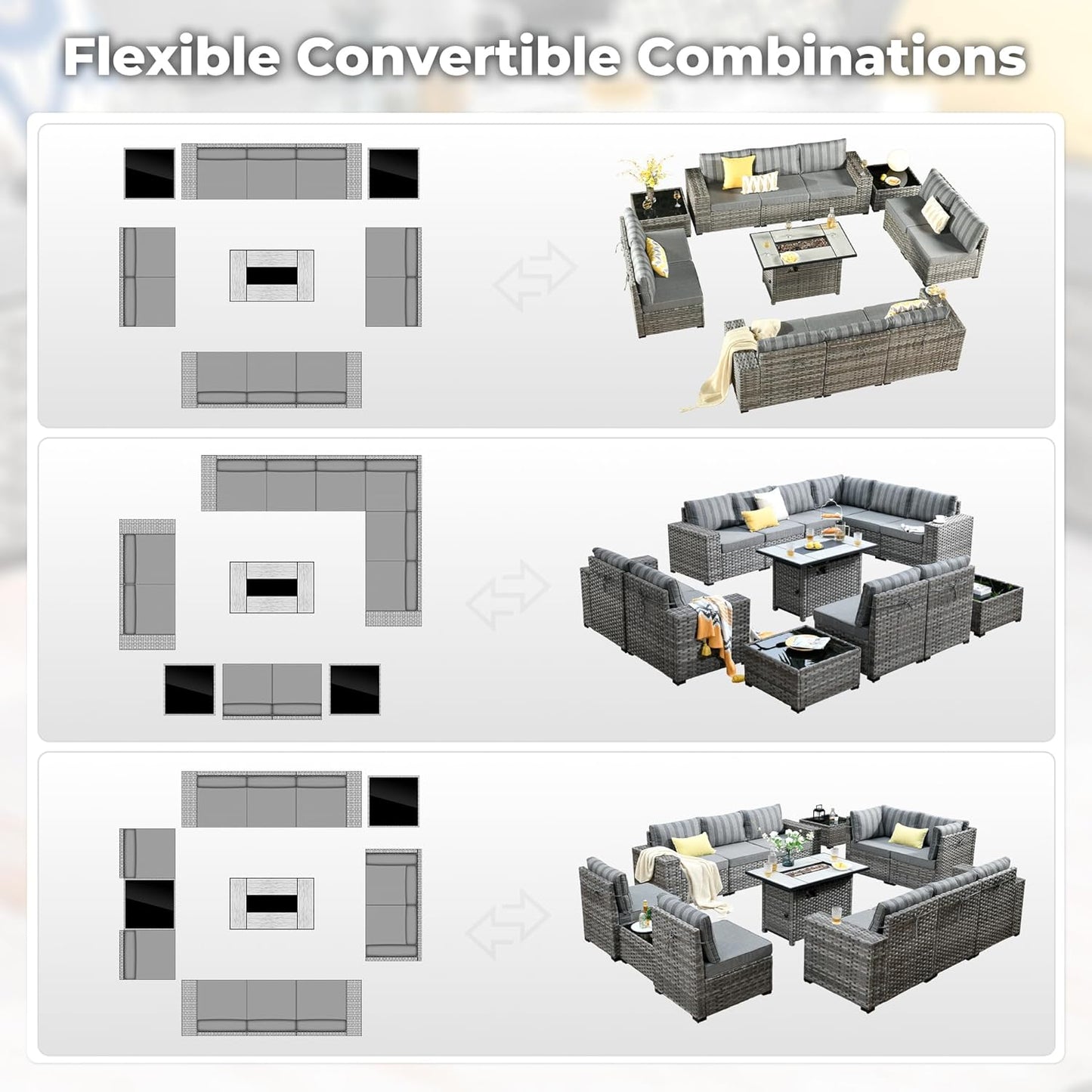 ovios 13 Pieces Patio Furniture Set, Outdoor Wicker Sectional Sofa with 42 Inch Fire Pit Table Comfy Cushions, Modern Modular Deep Seat Rattan Couch Conversation Set, Dark Gray Stripe