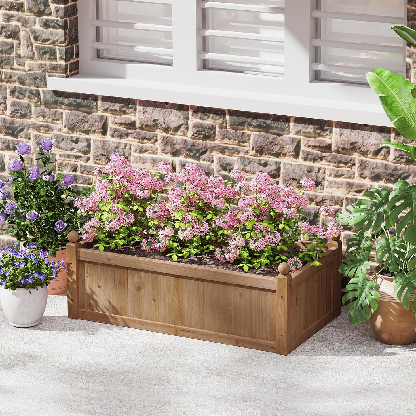 HAPPYGRILL Wood Raised Garden Bed, 46” x 24” x 16” Rectangular Flower Box w/Drainage Holes for Growing Vegetables, Flowers, Herbs, Outdoor Planter Box for Backyard Garden Lawn