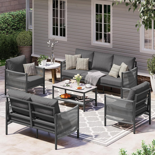 Aluminum Outdoor Patio Furniture Set, HDPE Rope 5 Piece Modern Sectional Conversation Sets with Dual-Layer Coffee Table, All Weather Patio Couch Sofa with Thick Cushions, Gray Frame, Charcoal