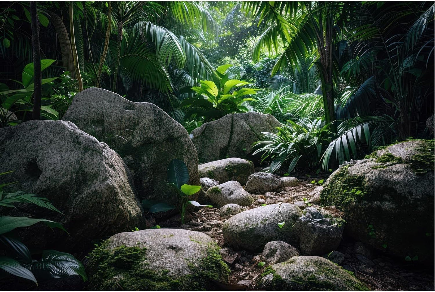 Reptile Habitat Backdrop Lush Tropical Plants and Rocks Terrarium Backdrop Dense Vegetation with Large Broad Leaves and Ferns Fish Tank Background Aquarium Wallpaper Poster Decor Vinyl 30x18in