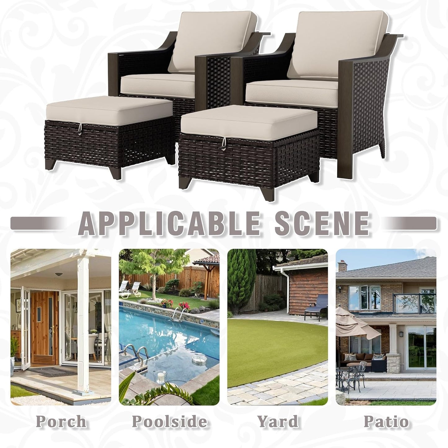 4 Piece Wicker Patio Conversation Set, All-Weather Use Outdoor 2 PE Rattan Chair, 2 Ottoman, Removable Water-Resistant Cushion, Ideal for Porch, Backyard, Balcony, Poolside, Beige