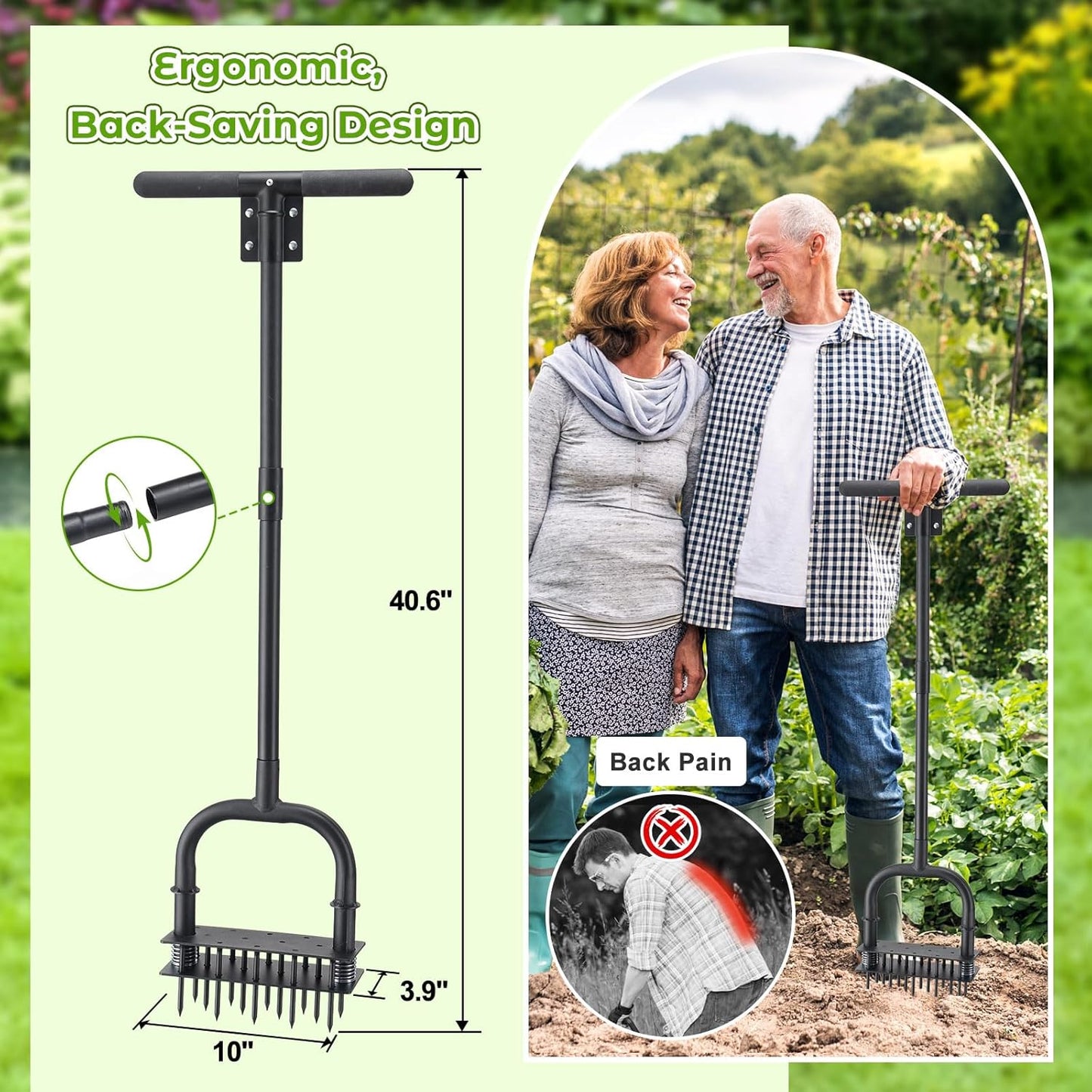 Aerator Lawn Tool: Sharp 14 Iron Spikes, Automatic Dirt Leaf Cleaning, Manual Lawn Aerators with Ergonomic T-Handle for Lawn Yard Garden Patio Soil Loosening Grass Aerating