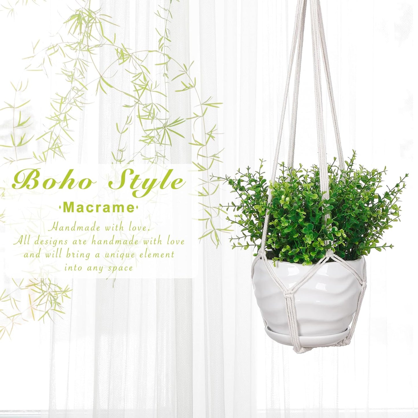 YIBOT 3 Pack Macrame Plant Hanger Indoor Hanging Planter Basket with 3 Hooks, 35"/29"/23" Crochet Plant Holder Stand No Tassels for Indoor Outdoor Boho Home Decor, Ivory (POTS NOT Included)