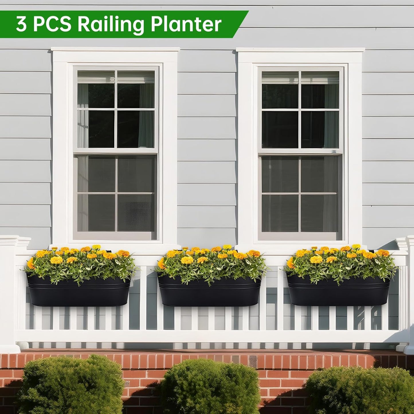 OGIMA Railing Planter Box, 3 Pack 16" Large Hanging Planters for Outdoor Plants with Adjustable Wide Hooks for 2.7'' Railings, Balcony Planters Railing Hanging for Deck, Fence & Patio Decor