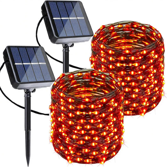Joomer Orange Halloween Solar String Lights - 2 Pack Total 80FT 240LED Solar Fairy Lights, Waterproof Outdoor Twinkle Lights with 8 Modes for Garden, Porch, Trees, Halloween Decor (Black Wire)