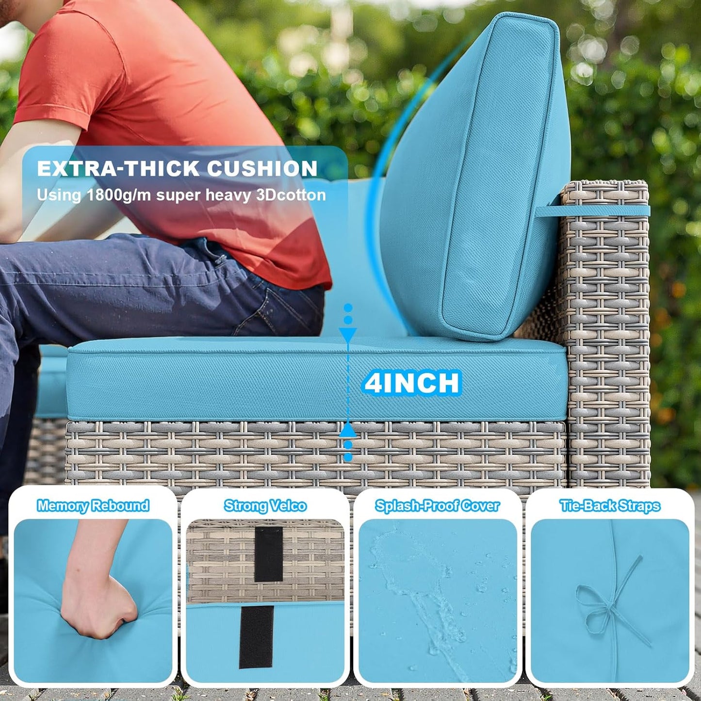 15-Piece Patio Furniture Set, Outdoor Patio Furniture with 55,000 BTU Fire Pit Table, Thick Cushions, Modular Patio Sofa, Dual-Strand Wicker Rattan, Rust-Resistant Frame, Lake Blue