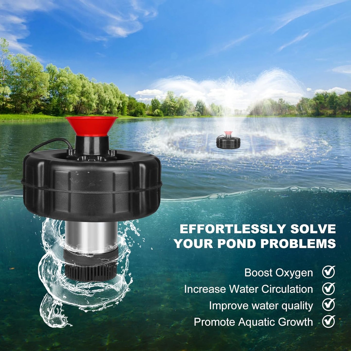 15000 GPH Pond Fountain Aerator, Fully Automatic 1HP 750W 110V Stainless Steel Floating Fountain and Water Pond Aerator Fit for Outdoor Large Ponds and Lake Jet System with 100 FT Power Cord & Timer