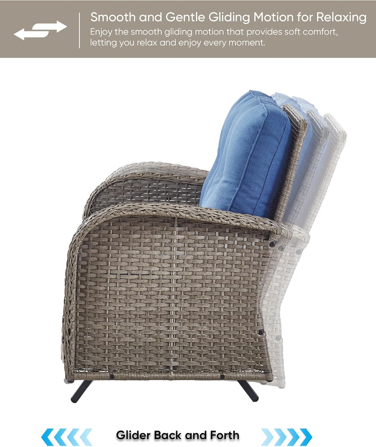 HUMMUH Patio Furniture Wicker Outdoor Furniture Sets High Back Outdoor Glider Bench with Patio Swivel Chairs Patio Conversation Sets for Deck Lawn Porch Balcony Poolside-Grey/Blue