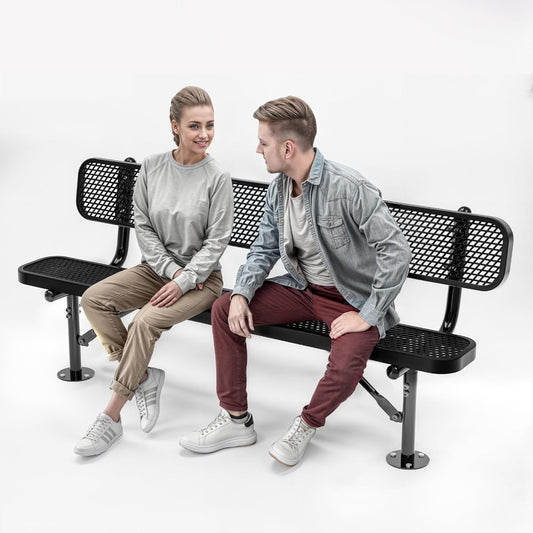 Heavy-Duty Outdoor Metal Bench, Thermoplastic-Coated, Surface, Weatherproof, Commercial-Grade for Parks, Gardens, Patios, Stores & More (6 Ft - Surface with Back, Black)