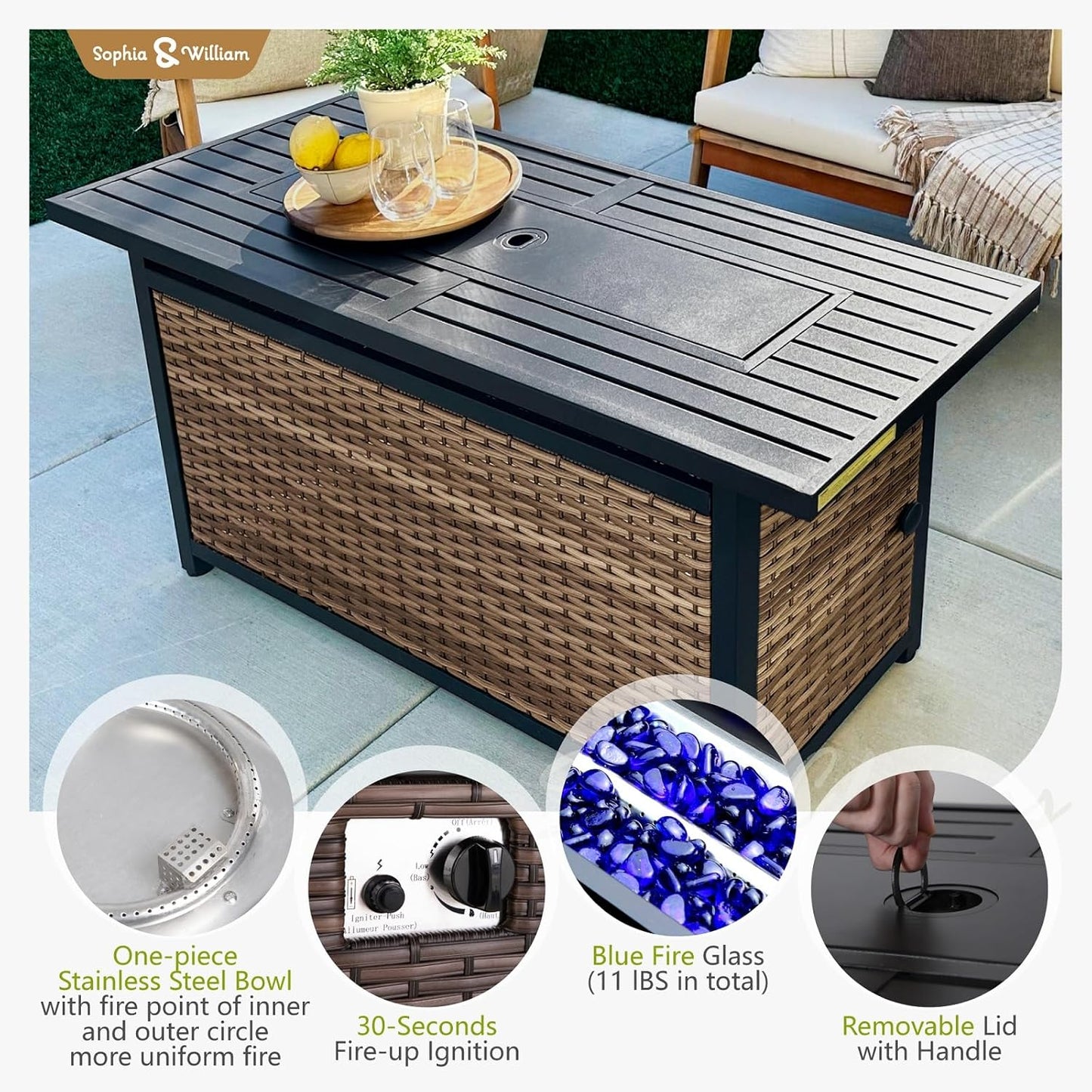 Sophia & William Patio Furniture Set with Fire Pit Table, 11 Piece Half Moon Outdoor Wicker Sectional Sofa Set, Curved Rattan Conversation Set with 56-Inch Fire Pit Table(Aqua Blue)