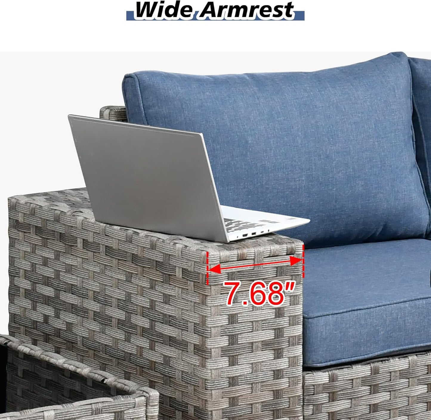 HOOOWOOO 9 Piece Modular Patio Outdoor Sectional Furniture Set with Large Propane Fire Pit Table,Wicker Conversation Sofa Set with Swivel Chairs,Outside Couch Set(Denim Blue)