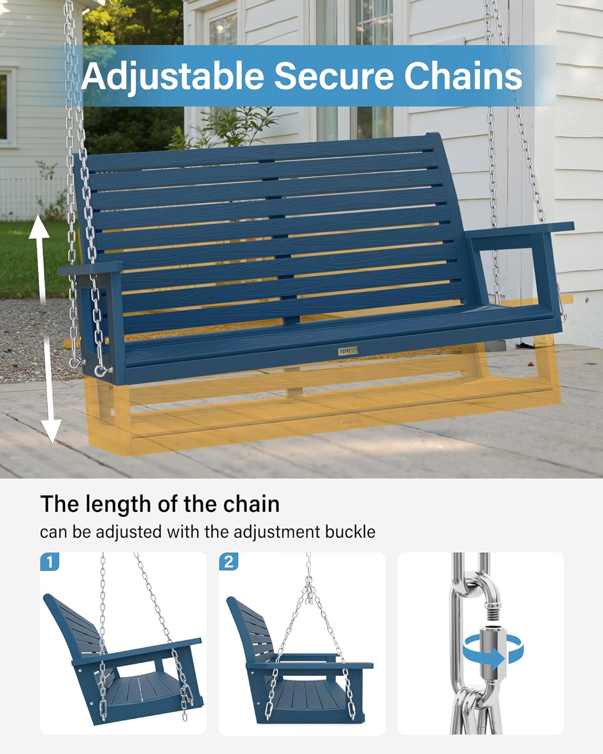 YEFU Hanging Porch Swing Set of 2,2-Seat Patio Swing Bench,All-Weather Swing Chair with Hanging Chains,Look Like Real Wood,for Garden and Courtyard,800LBS Weight Capacity,4FT,Navy Blue