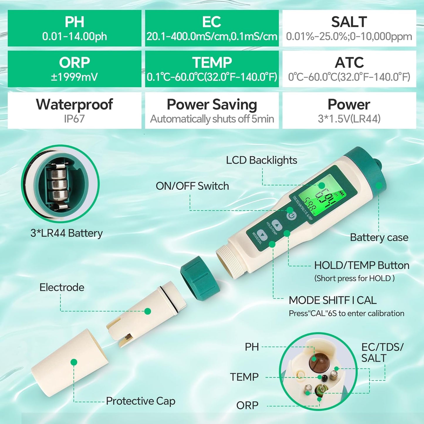 7in1 PH Water Tester, Digital PH Meter for Water Digital Pool Salt Tester,PH SG ORP Salt Temp EC and TDS Meter, Water Quality Tester for Swimming Pool Aquarium Drinking Water Digital Water Testing Kit