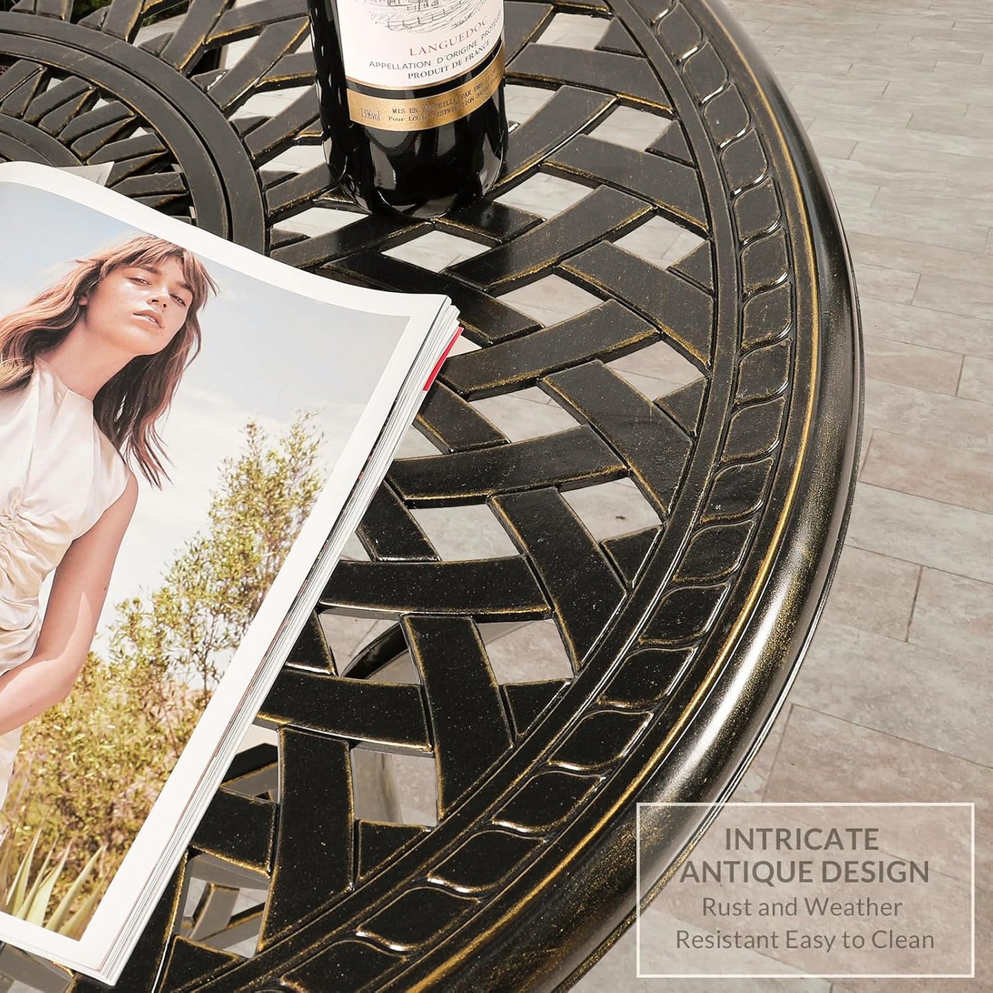 VIVIJASON 3-Piece Patio Bistro Set, All-Weather Cast Aluminum Outdoor Furniture Dining Set, Include 2 Cushioned Chairs and 31" Round Table w/Umbrella Hole for Balcony, Lawn, Backyard, Red Cushion