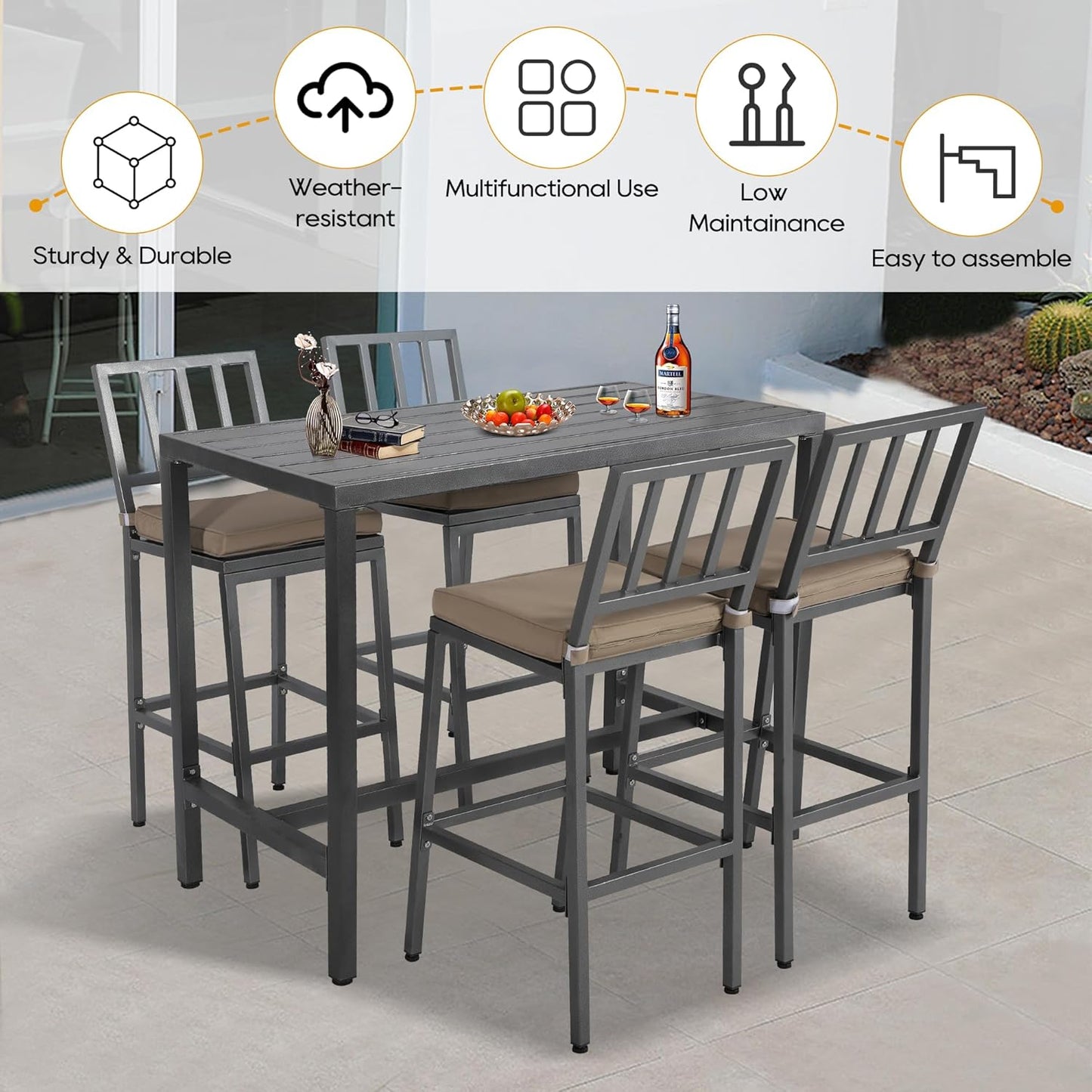Outdoor Patio Bar Set, Bar Height Patio Dining Set, Weather-Resistant Bistro Counter Pub Set with Cushions & Slatted Tabletop for Backyard (Gray, 47" Wide Table, 4 "I Style Stool)