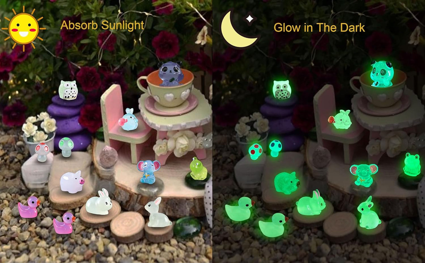 Luminous Mini Resin Animals 100 Pcs Tiny Animals Mini Ducks Owls Tiny Frogs Pandas Dinosaurs Small Birds Elephants Little Rabbits Glow in The Dark Garden Miniatures Fairy Garden Accessories