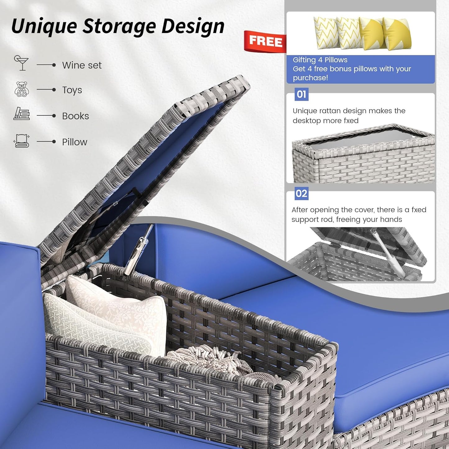 Patio Sectional Furniture Outdoor 7-Piece Grey Rattan Curved Sofa Set with Storage Table, Fit for Pool Backyard Balcony Porch Lawn (Navy)