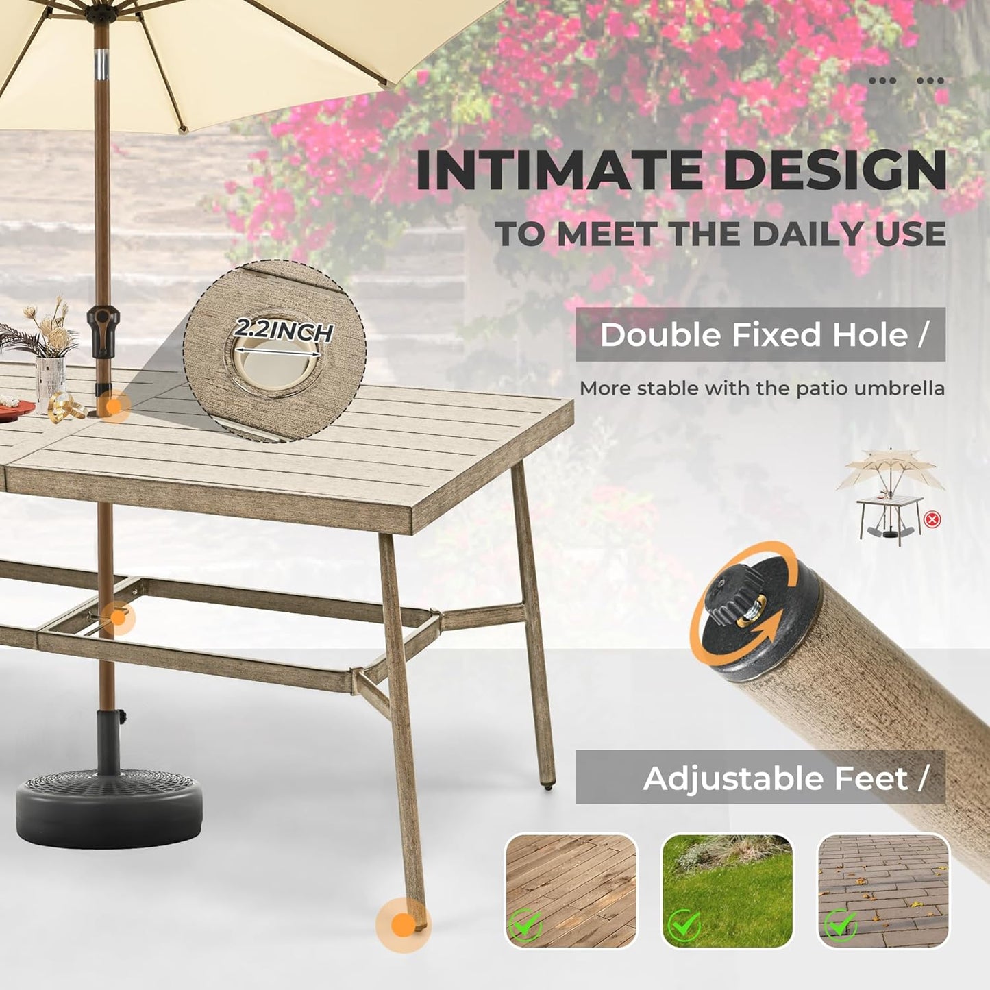 HAPPATIO Patio Table for 8, Large Modern Rectangle Outdoor Dining Table with Umbrella Hole and Adjustable Feet, All Weather Aluminum Patio Table for Garden, Backyard and Poolside, Brown