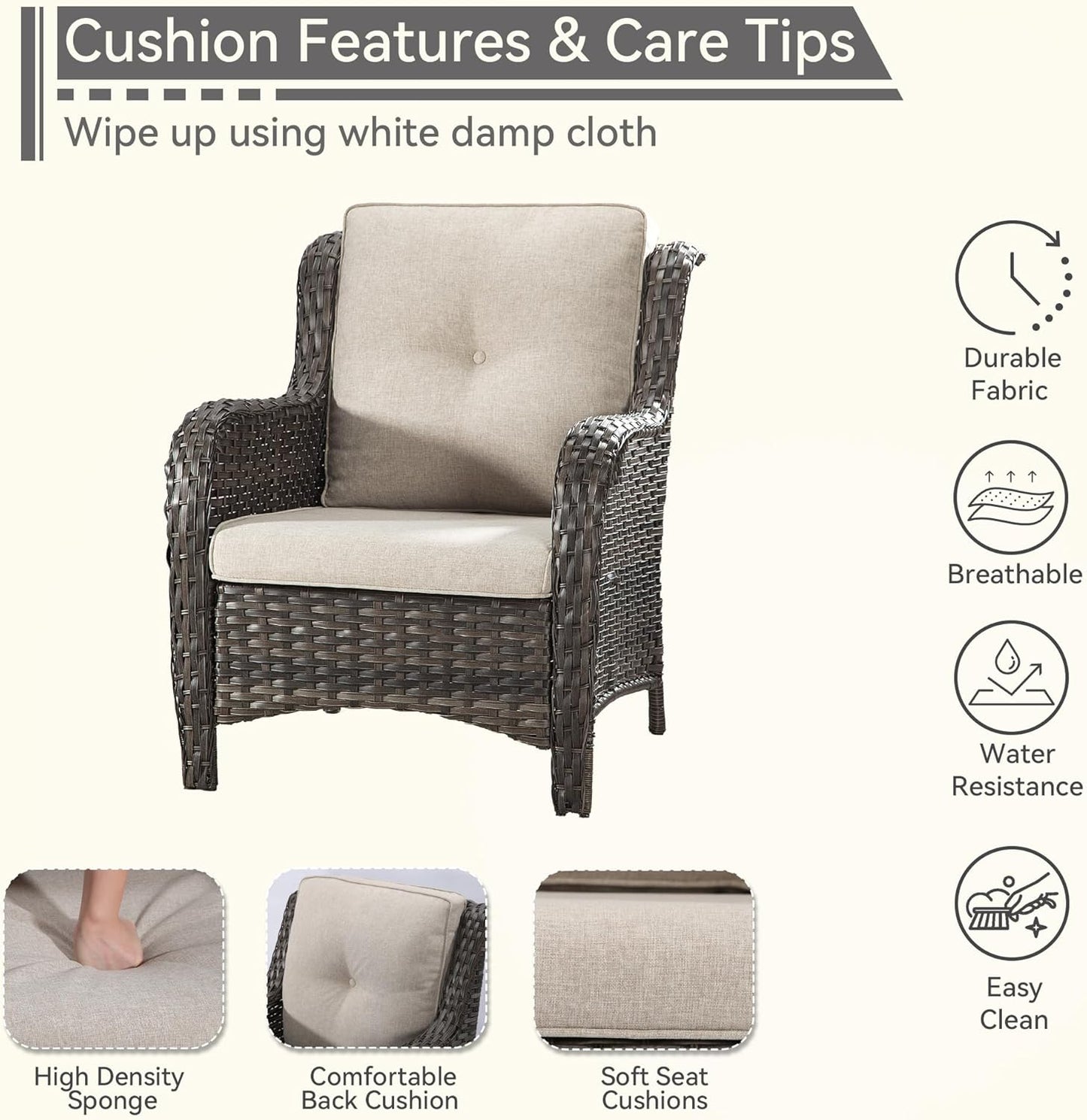 4 Pieces Patio Conversation Set, Wicker Chairs Set of 2 and Two Ottomans with 3.5-inch Seat Cushions, High Back and Curved Armrest for Backyard, Balcony and Deck, Beige