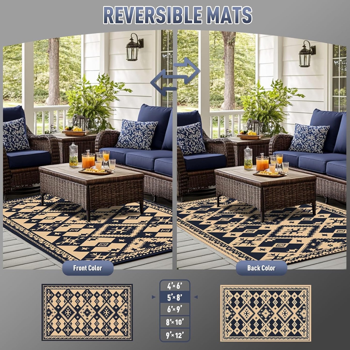 WILDROOTS 5x8 Feet Plastic Bohemian Outdoor Rug, Stain Resistant Waterproof Reversible Outdoor Patio Rug, Fade Resistant Camping Rug