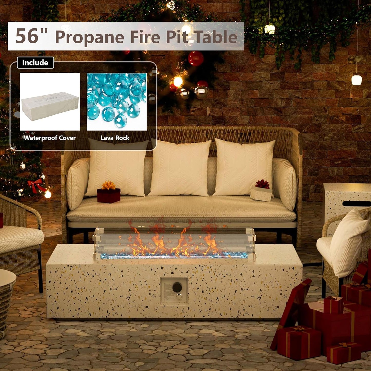 8 Piece Patio Furniture Set - Outdoor Conversation Sets with 56" Fire Table and Coffee Table, Rattan Modular Sofa Set for Garden/Poolside, Navy Blue/Grey