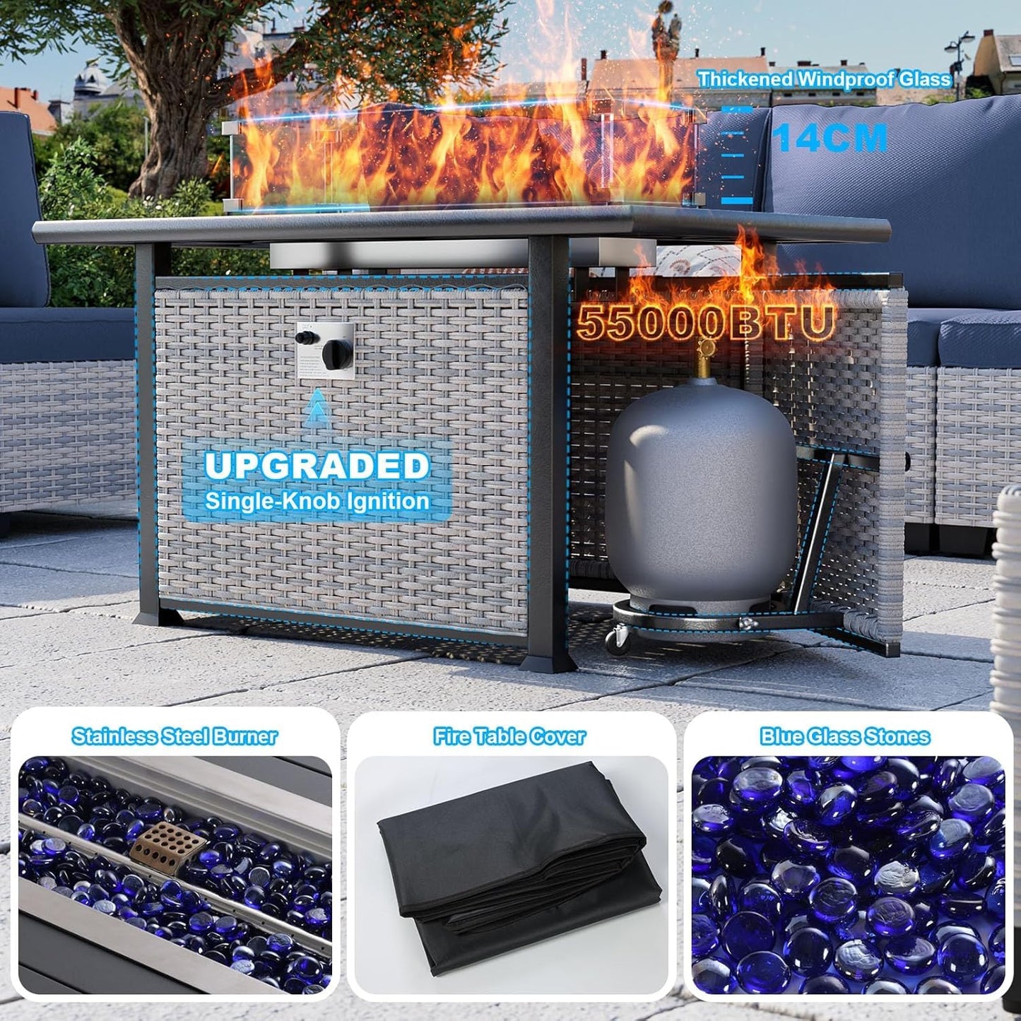 18-Piece Patio Furniture Set, Outdoor Patio Furniture with 55,000 BTU Fire Pit Table, Swivel Chairs Set, Thick Cushions, Modular Patio Sofa, Dual-Strand Wicker Rattan, Rust-Resistant Frame,Navy Blue