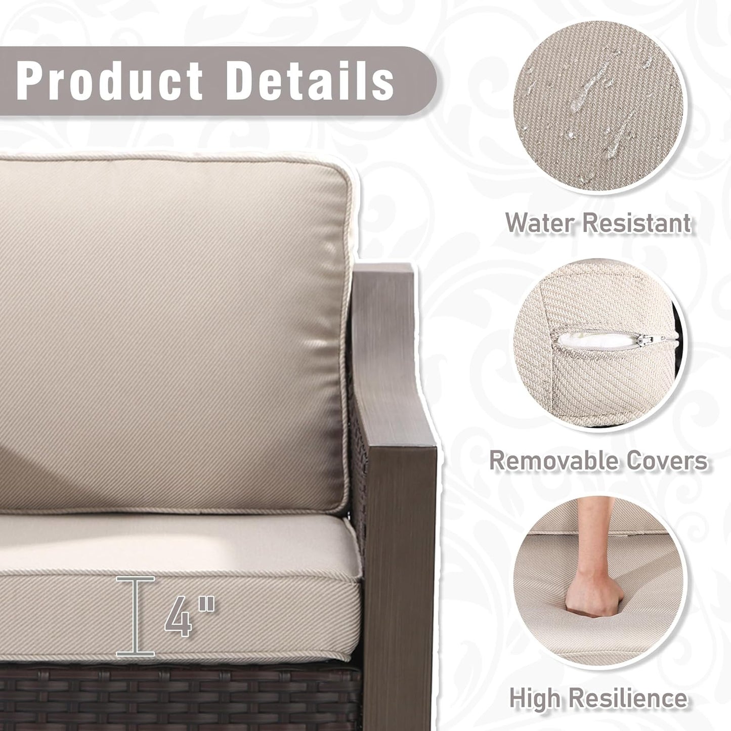 Outdoor Wicker Chair Set of 2, All-Weather Use Patio Rattan Chair with Removable Water-Resistant Cushion, Ideal for Porch, Backyard, Balcony, Poolside, Beige