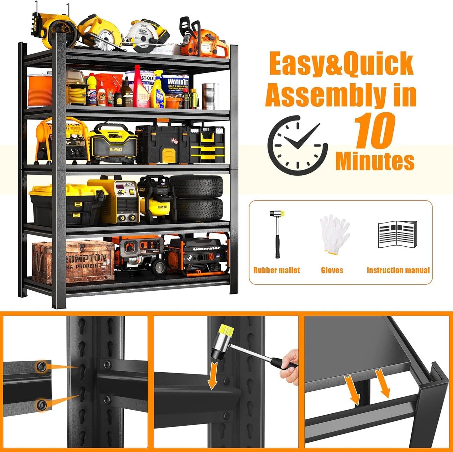 72''H Garage Shelving Heavy Duty Garage Storage Shelves, 3000 LBS Adjustable 5 Tier Industrial Shelving Unit, Metal Utility Shelf for Basement, Warehouse and Workshop (72''Hx36''Wx18''D, Black)