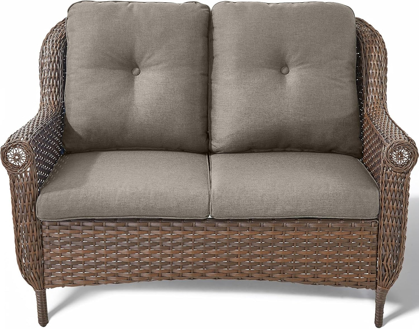 Patio Loveseat Outdoor Wicker Sofa - Heavy Duty All-Weather Brown Rattan 2-Person Sofas with High Back and Comfortable Thick Cushions for Garden Back Porch Poolside Apartment - Grey