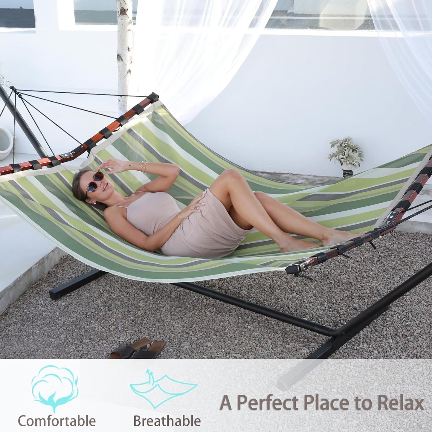 TegerDeger 12FT 2 Person Hammock Large Hammock Quick Dry 450LB Capacity with V Shaped Hardwood Spreader Bar & Nylon Rope for Outside, Patio, Garden, Backyard, Beach, Poolside - Tender Green Stripes