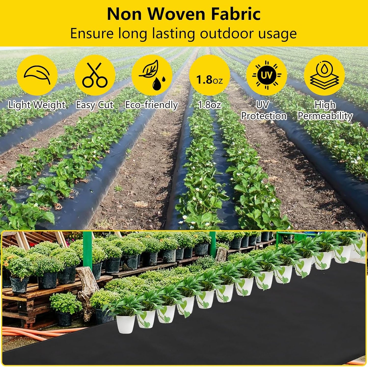 3ft x 300ft Weed Barrier Landscape Fabric, Premium Non-Woven 1.8oz Ground Cover Weed Block Gardening Mat, Easy Setup & Superior Weed Control, for Erosion Control, Weed Block, Ground Cover