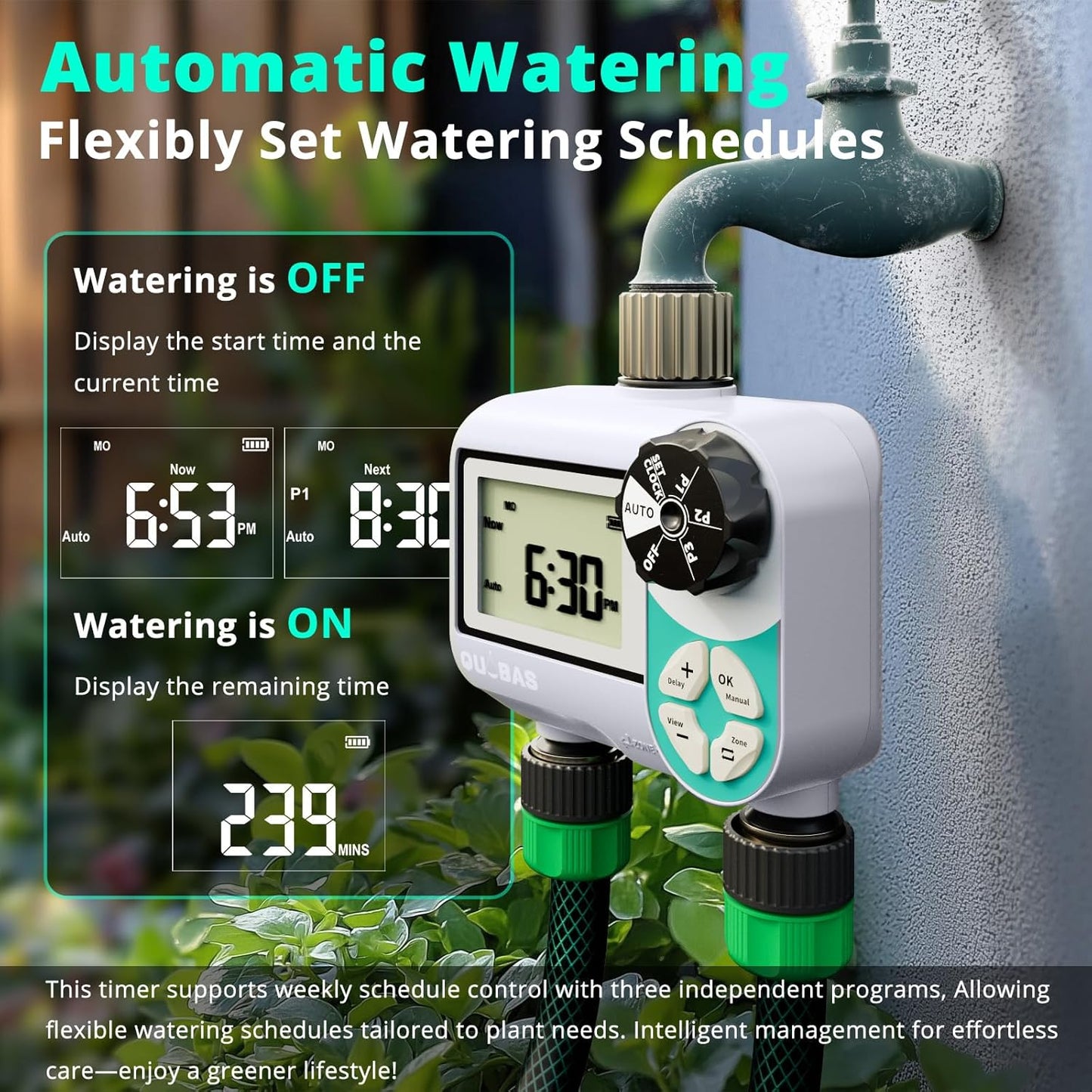 QUOBAS Weekly Plan 2 Zone Sprinkler Timer with Metal Inlet & Outlet, Water Timer for Garden Hose with Rain Delay/Manual Watering/Automatic Watering Controller System for Watering Lawn, Yard, Garden