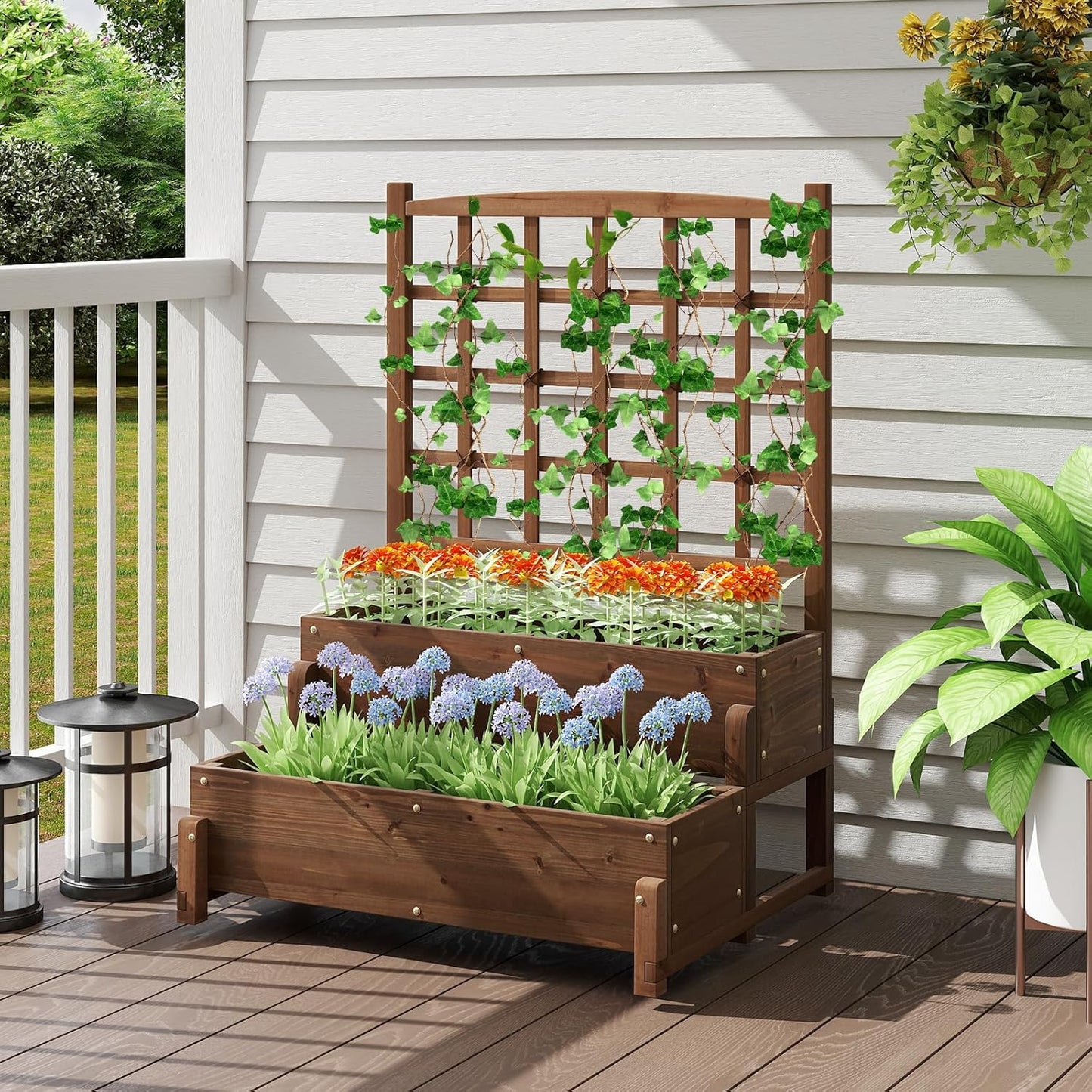 HAPPYGRILL Raised Garden Bed with Trellis, Drainage Holes, 2-Tier Wooden Elevated Planter Box w/Legs for Climbing Plants Vine Flower Herb Vegetable Fruit, Outdoor Garden Box for Patio Balcony