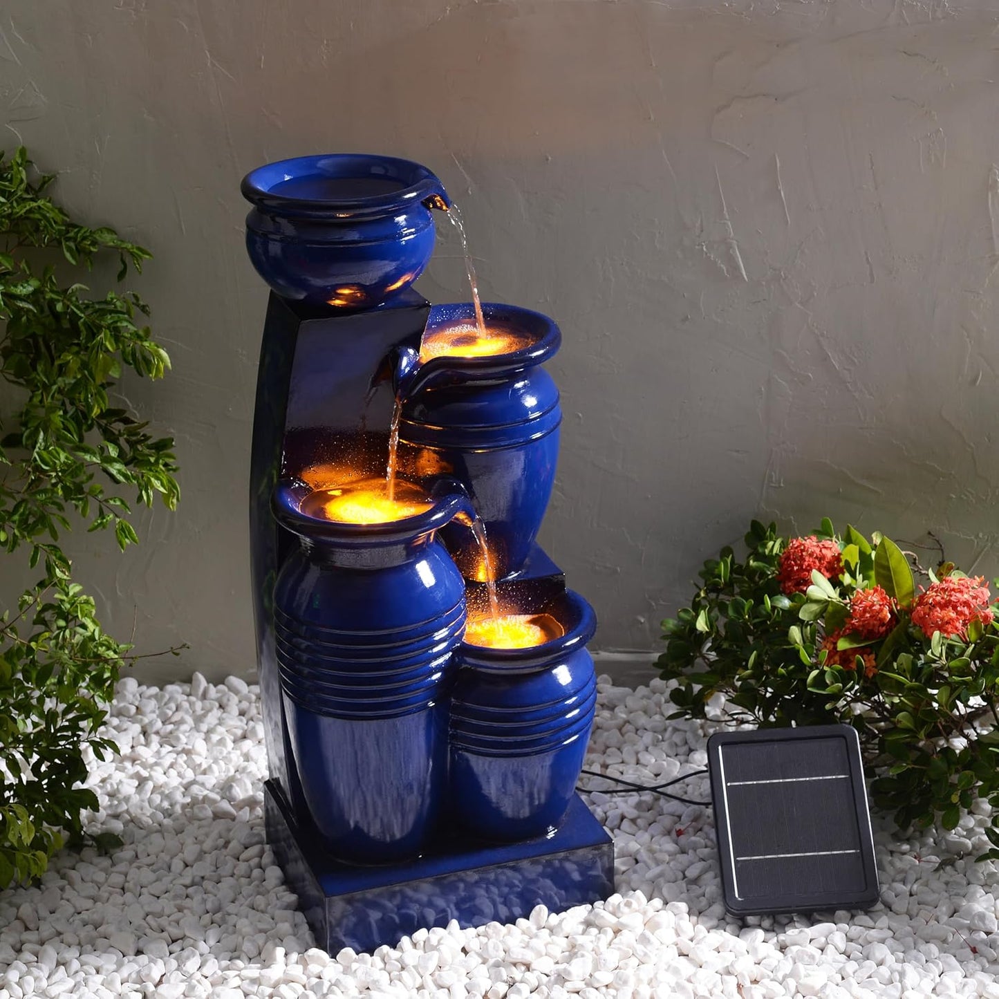 Teamson Home 28.74 in. 4-Tier Cascading Bowl Solar-Powered Water Fountain with LED Lights for Gardens, Landscaping, Patios, Balconies, Lawns, Navy Blue
