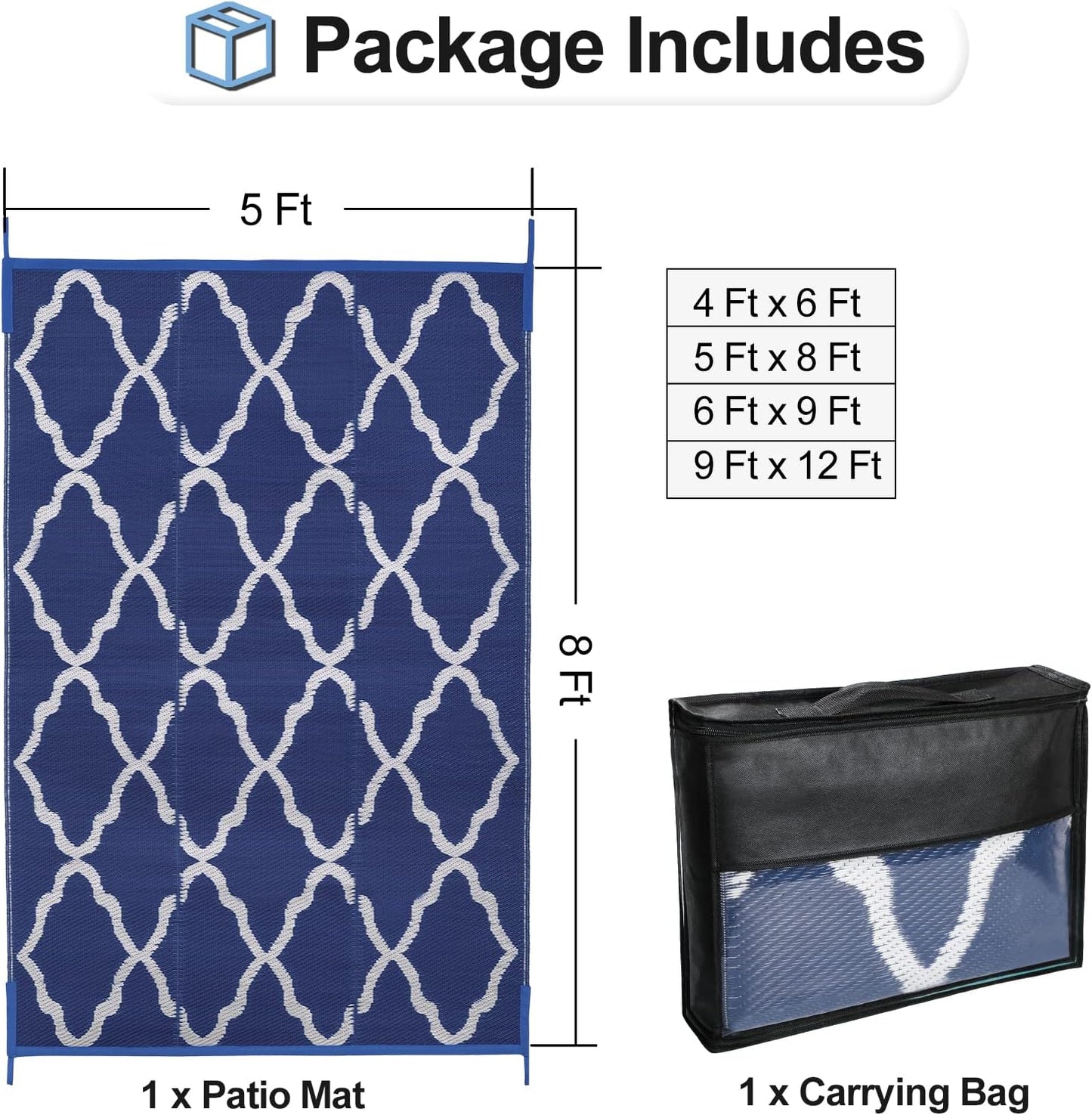 OutdoorLines Outdoor Plastic Area Rugs for Patio 5x8 ft - Reversible Outside Carpet, Stain & UV Resistant RV Mats, Straw Rug for Camping, Deck Garden, Porch and Balcony, Moroccan Navy & Light Grey